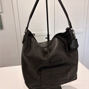 Longchamp Black Leather Shoulder Bag with Front Zip Pocket